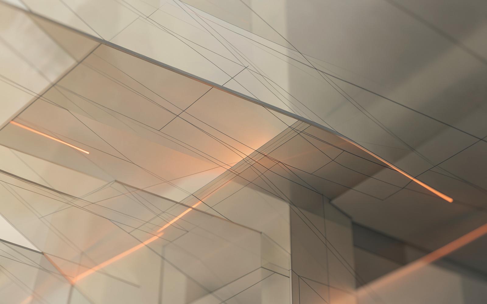 Abstract digital architecture of layered translucent planes with fine technical lines and an orange light accent